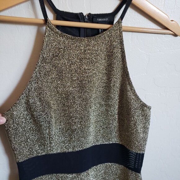 Forever 21 Glitter Sheer Panel Mini Dress Sparkle Gold/Black Size Women's Medium - Picture 3 of 10